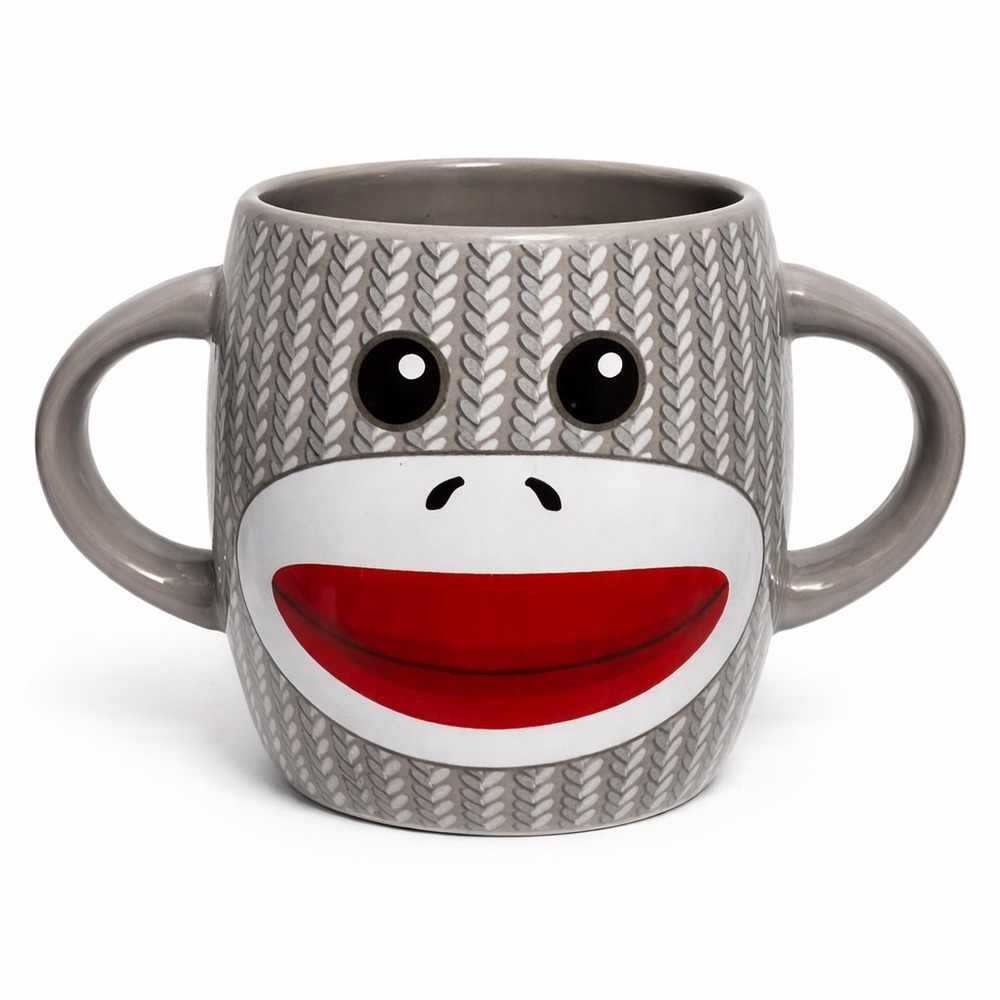 Galerie Sock Monkey Coffee Mug Double Handle Grey‎ Knit Pattern Double Sided